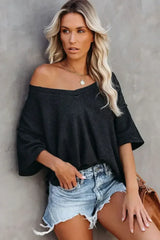 Blue Exposed Seam Drop Sleeve V Neck Waffle Textured Top - Femstylo