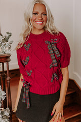 Fiery Red Plaid Lace-up Detail Christmas Holiday Puff Short Sleeve Sweater