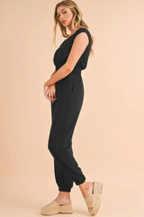 Black Shirred High Waist V Neck Sleeveless Jumpsuit - Femstylo