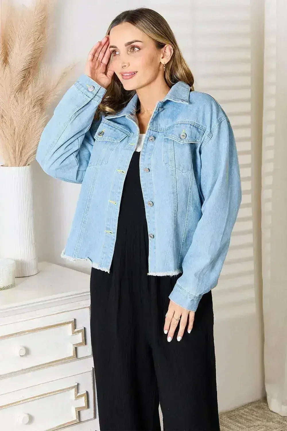 Raw Hem Denim Jacket - Dropped Shoulder Design | Femstylo - Femstylo