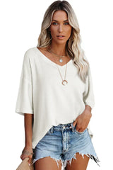 White Waffle Texture V Neck Drop Shoulder Loose Tee
