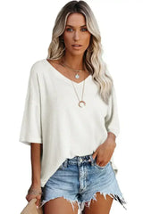 White Waffle Texture V Neck Drop Shoulder Loose Tee - Femstylo
