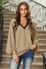 Lace V Neck Balloon Sleeves Top - Femstylo