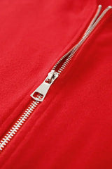 Fiery Red Solid Color Casual Zip up Hooded Coat - Femstylo