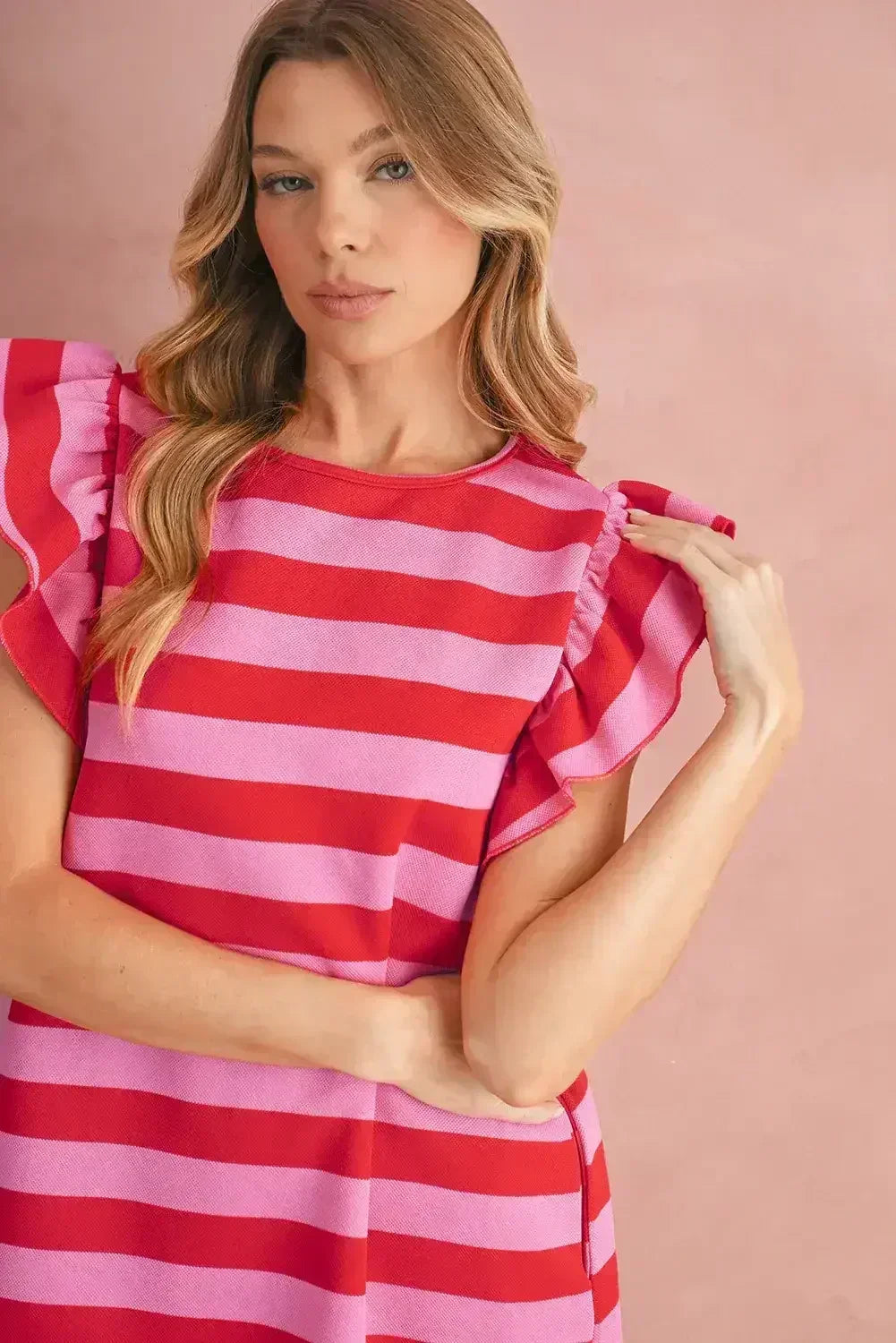 Black Stripe Flutter Sleeve Round Neck Shift Mini Dress - Femstylo