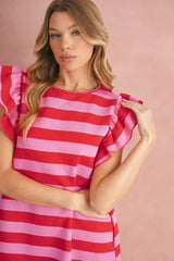 Black Stripe Flutter Sleeve Round Neck Shift Mini Dress - Femstylo