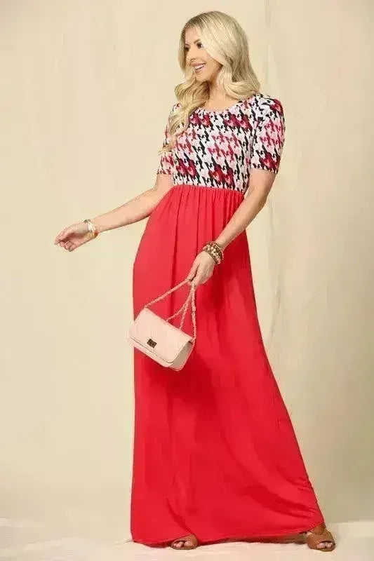 Houndstooth Maxi Dress | Short Sleeve Pocketed Style | Femstylo - Femstylo