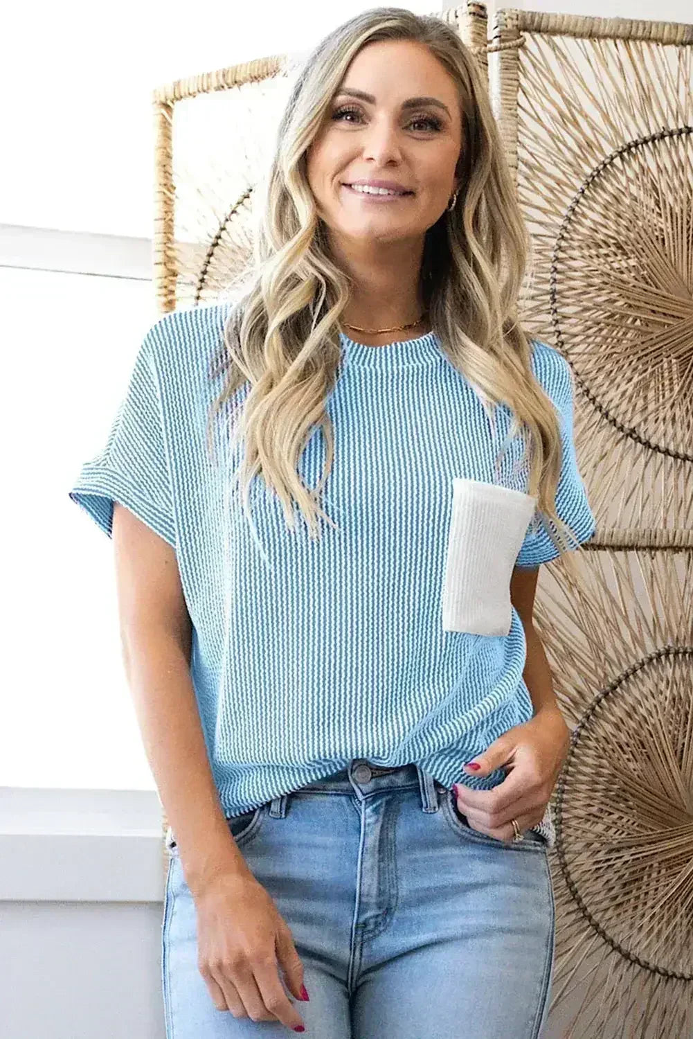 Pink Corded Colorblock Pocket Crew Neck T Shirt - Femstylo