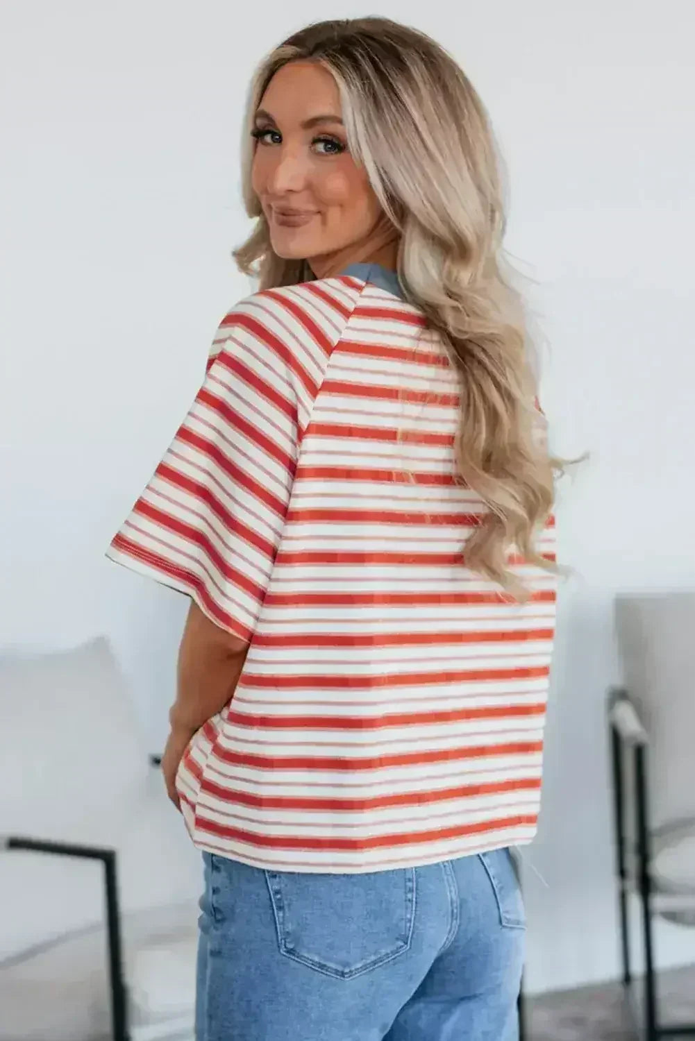 Tomato Red Striped Raglan Sleeve Contrast Neck T-Shirt - Femstylo