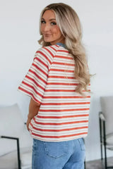Tomato Red Striped Raglan Sleeve Contrast Neck T-Shirt - Femstylo