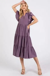 Mittoshop Ruffle Sleeve Collared V Neck Tiered Midi Dress - Femstylo