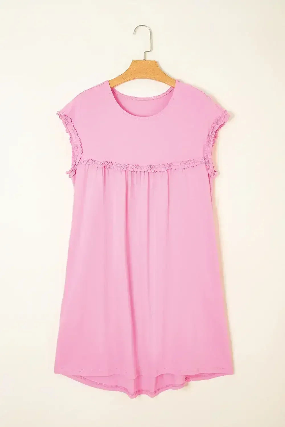 Oatmeal Frilled Trim Crewneck Loose Fit Mini Dress - Femstylo