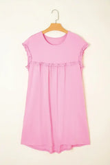 Oatmeal Frilled Trim Crewneck Loose Fit Mini Dress - Femstylo