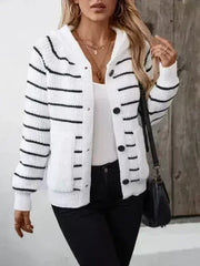 Striped Button Up Long Sleeve Hooded Cardigan - Femstylo