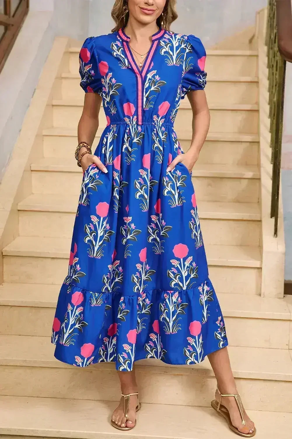 Blue Floral Ruffle Hem Pop of Color Neckline Dress - Femstylo