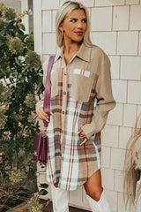 Khaki Plaid Patchwork Long Sleeve Mini Dress with Pockets - Femstylo