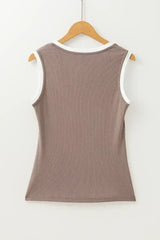 Smoke Gray Ribbed Knit Contrast Edge U Neck Slim Fit Tank Top - Femstylo