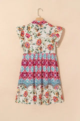 Rose Floral Ethnic Print Ruffle Mini Dress - Femstylo