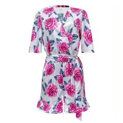 Printed Flared Short-Sleeved Lace-Up Jumpsuit Skirt - Femstylo