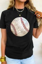 Black Heat Transfer Baseball Print Cotton Blend T Shirt