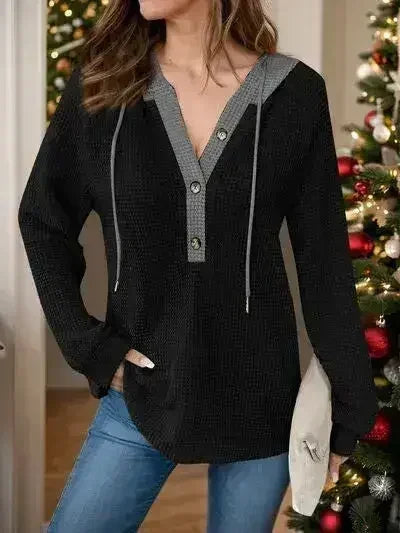 Full Size Waffle-Knit Contrast Long Sleeve Hoodie - Femstylo