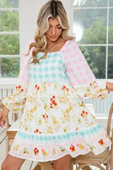Pink Boho Floral and Plaid Patchwork Ricrac Lantern Sleeve Dress - Femstylo