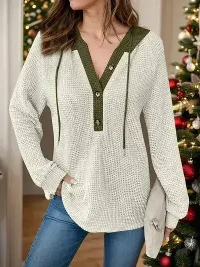 Full Size Waffle-Knit Contrast Long Sleeve Hoodie - Femstylo