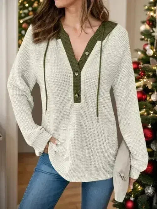 Full Size Waffle-Knit Contrast Long Sleeve Hoodie - Femstylo