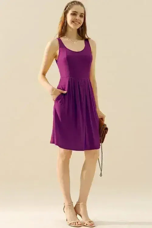 Doublju Full Size Round Neck Ruched Sleeveless Dress with Pockets - Femstylo
