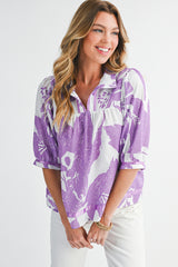 Purple Floral V-Neck Bubble Sleeve Blouse