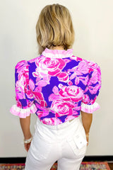 Sachet Pink Floral Print Ruffle Puff Sleeve Pop of Color Neckline Blouse