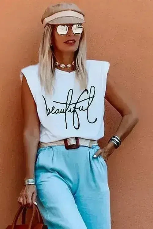 Padded Shoulder Letter Print Tank Top - Femstylo