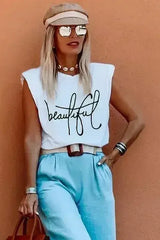 Padded Shoulder Letter Print Tank Top - Femstylo
