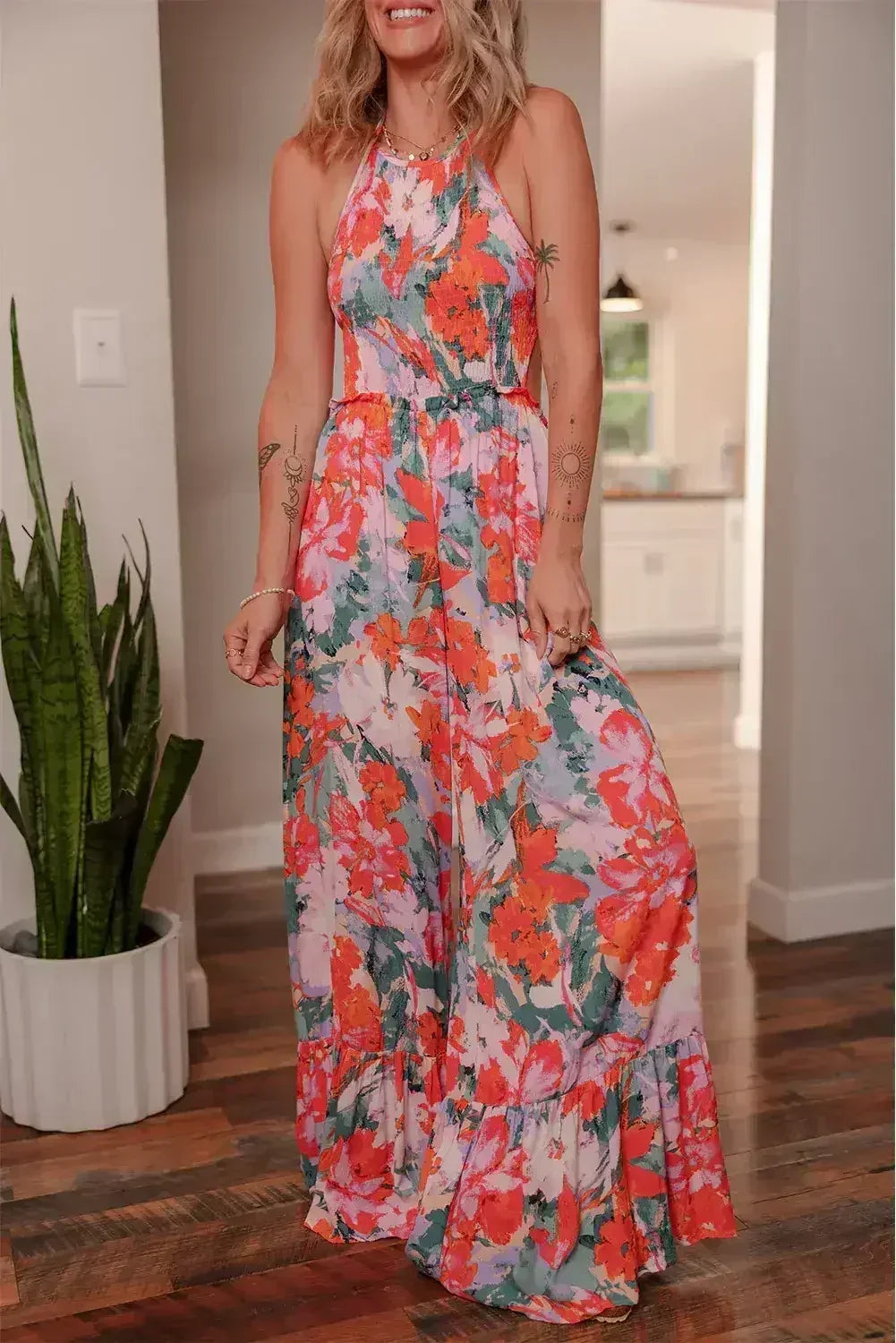 Multicolour Floral Print Halter Neck Wide Leg Jumpsuit - Femstylo