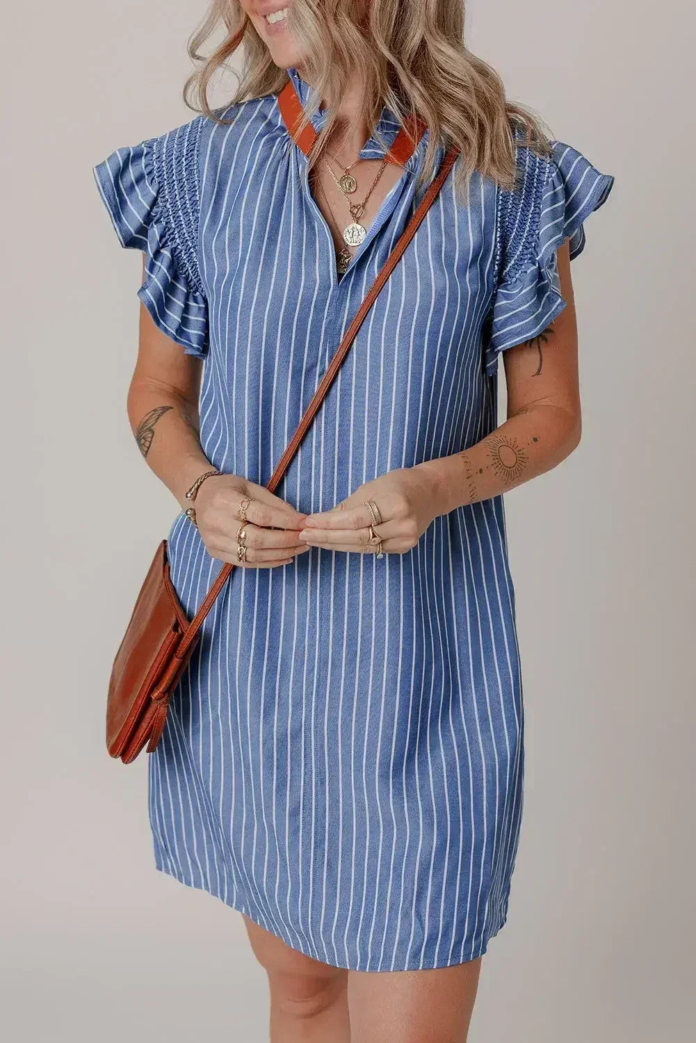 Sky Blue Stripe Frilly Split Neck Shirred Ruffle Sleeve Mini Shift Dress - Femstylo