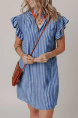 Sky Blue Stripe Frilly Split Neck Shirred Ruffle Sleeve Mini Shift Dress - Femstylo