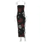 Printed Lace Stitching Wrapped Chest Dew Dress - Femstylo