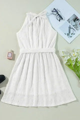 White Lace Sleeveless Knot Hollow Out Back Tied Waist Mini Dress - Femstylo