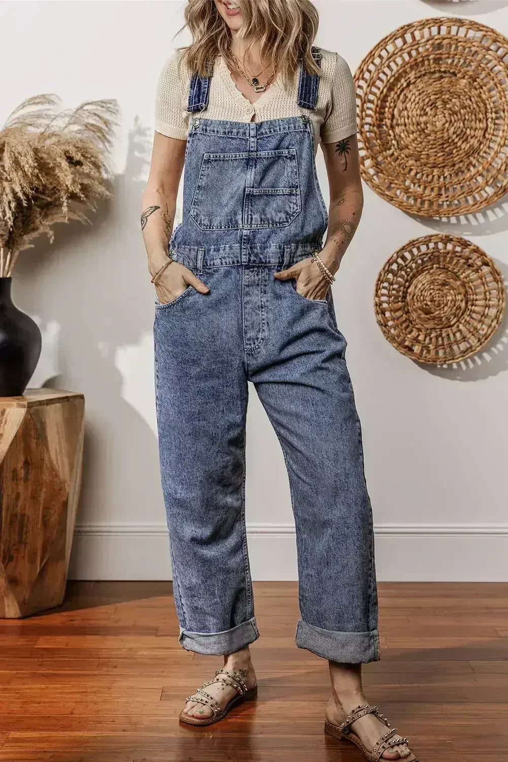 Sail Blue Straight Leg Pockets Denim Bib Overall - Femstylo