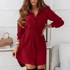 Knee-Length Casual A-Line Slim Fit Shirt Dress with Long Sleeves - Femstylo