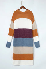 Multicolor Knitted Color Block Open Front Long Cardigan