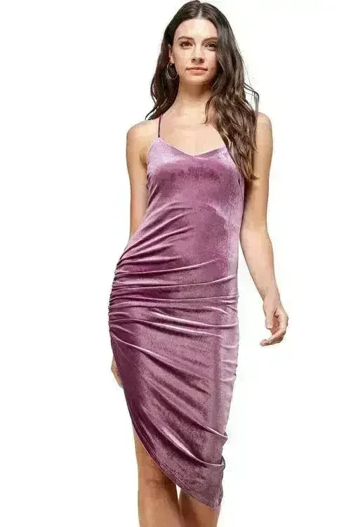 Velvet Asymmetrical Ruched Bodycon Dress - Femstylo