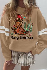 Light French Beige Merry Christmas Boots Heat Transfer Printing Varsity Baggy Sweatshirt