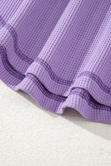 Blue Exposed Seam Drop Sleeve V Neck Waffle Textured Top