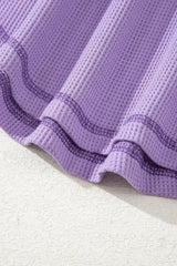 Blue Exposed Seam Drop Sleeve V Neck Waffle Textured Top - Femstylo