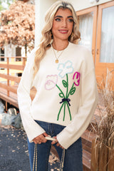 White Floral Embroidered Drop Sleeve Knit Sweater