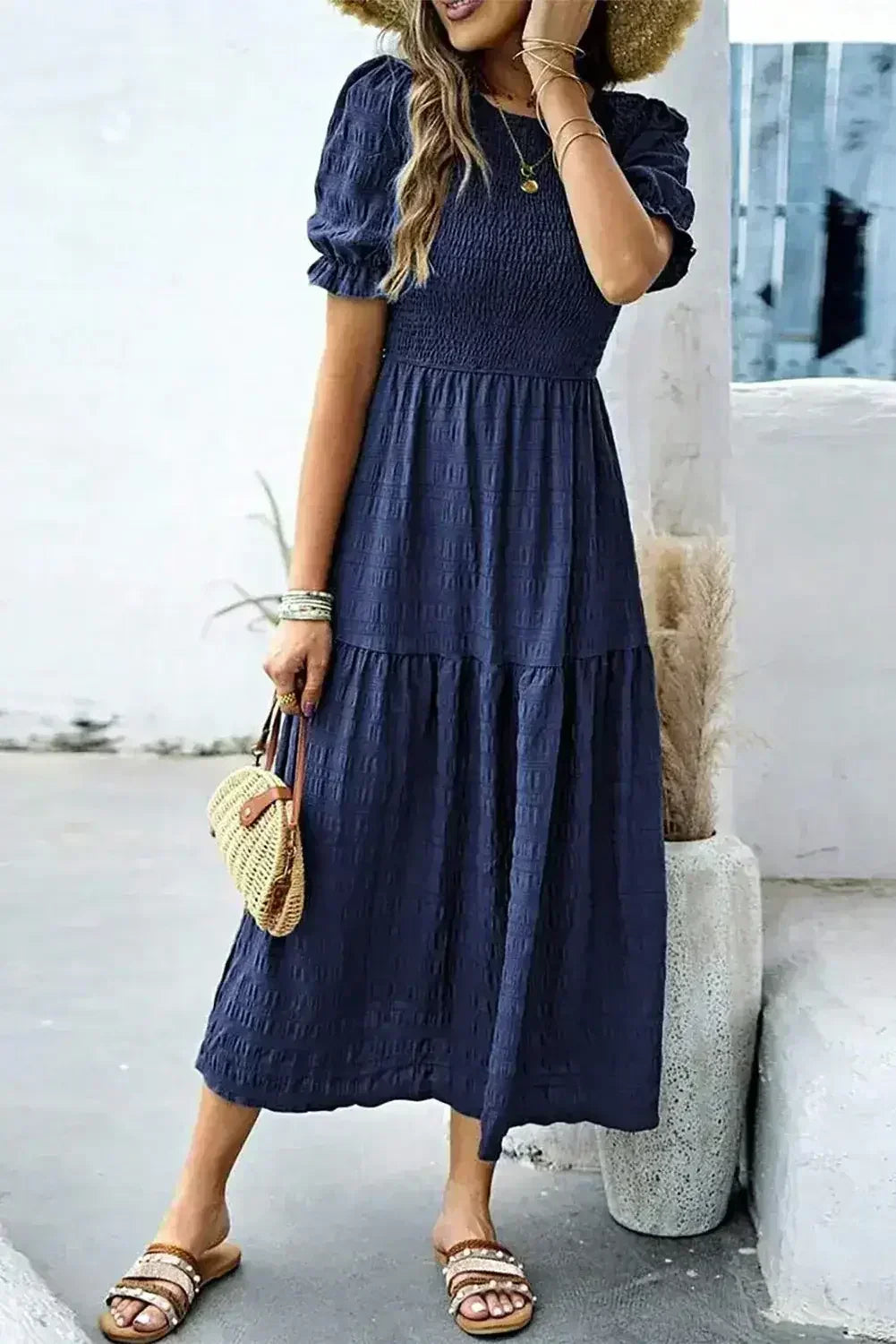 Sail Blue Solid Textured Smocked High Waist Midi Dress - Femstylo