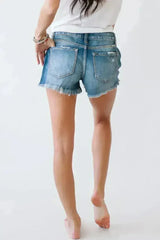Distressed Mid Rise Frayed Hem Denim Shorts - Femstylo