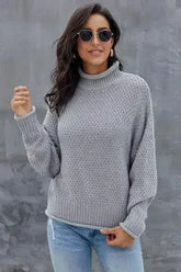 New Gray Chunky Batwing Long Sleeve Turtleneck Sweater - Femstylo