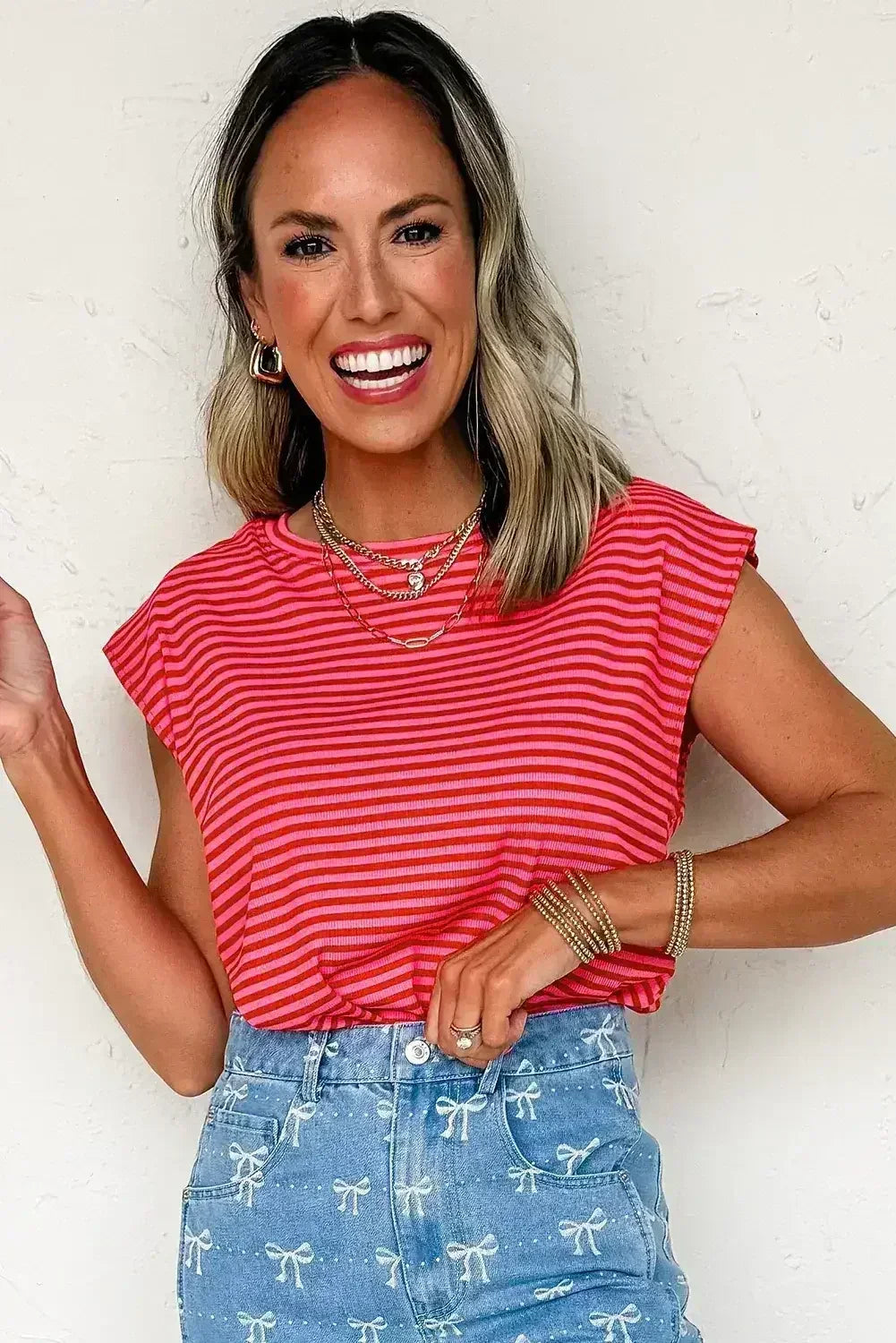 Black Stripe Ribbed Cap Sleeve Round Neck T Shirt - Femstylo